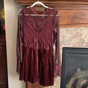 Free people Burgundy lace and velvet semi sheer dress grunge Whimsigoth NWOT